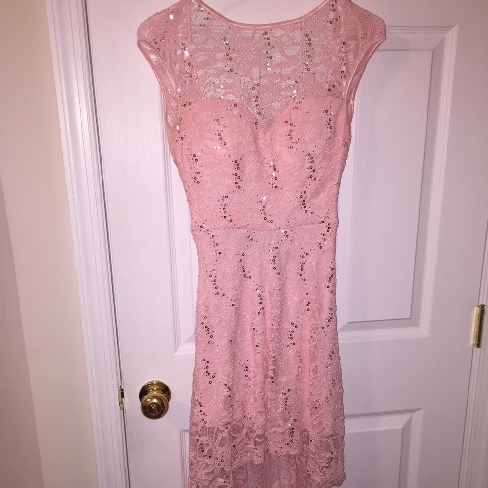 Waterfall pink sequin open back prom dress